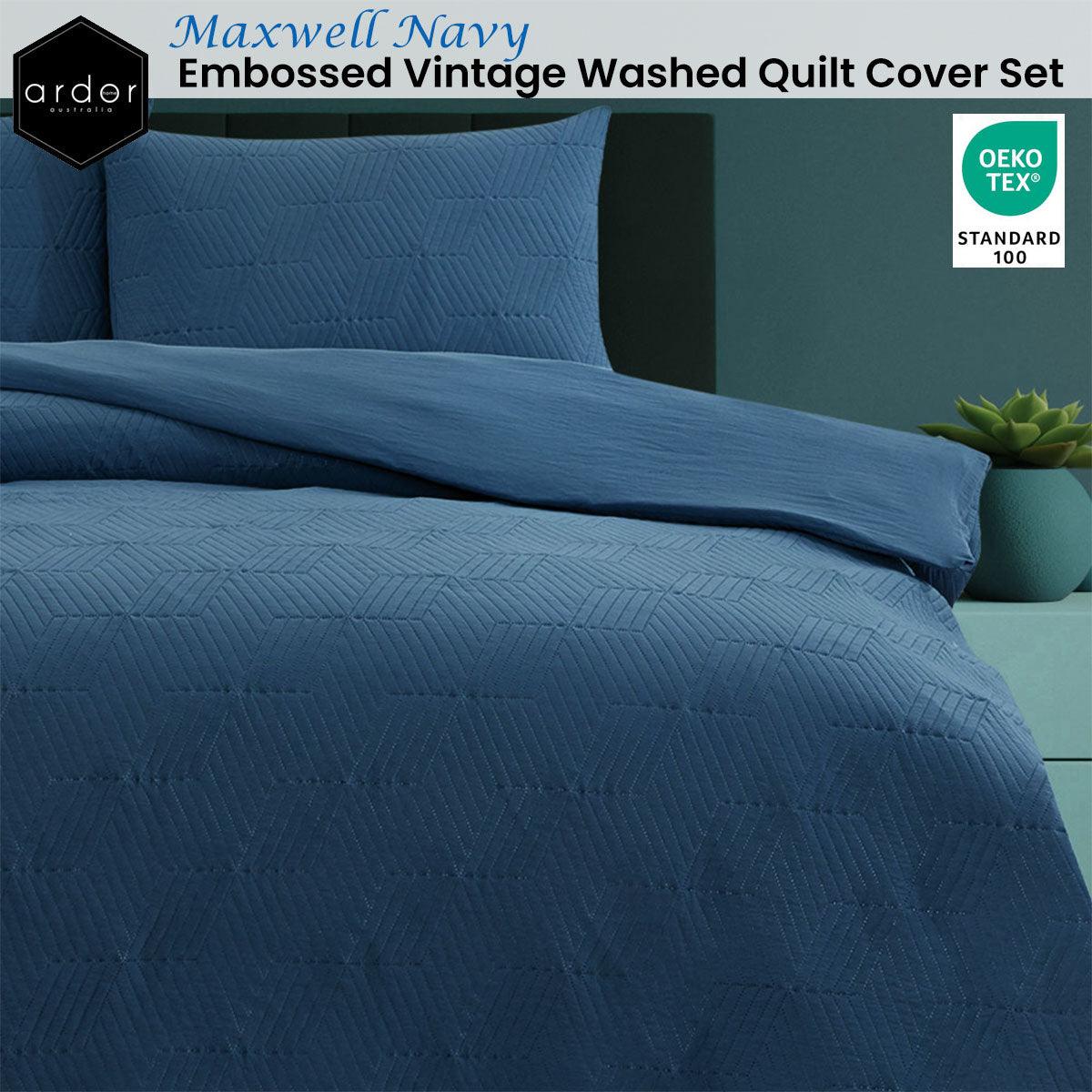 Ardor Maxwell Navy Embossed Vintage Washed Quilt Cover Set King - Harrogates