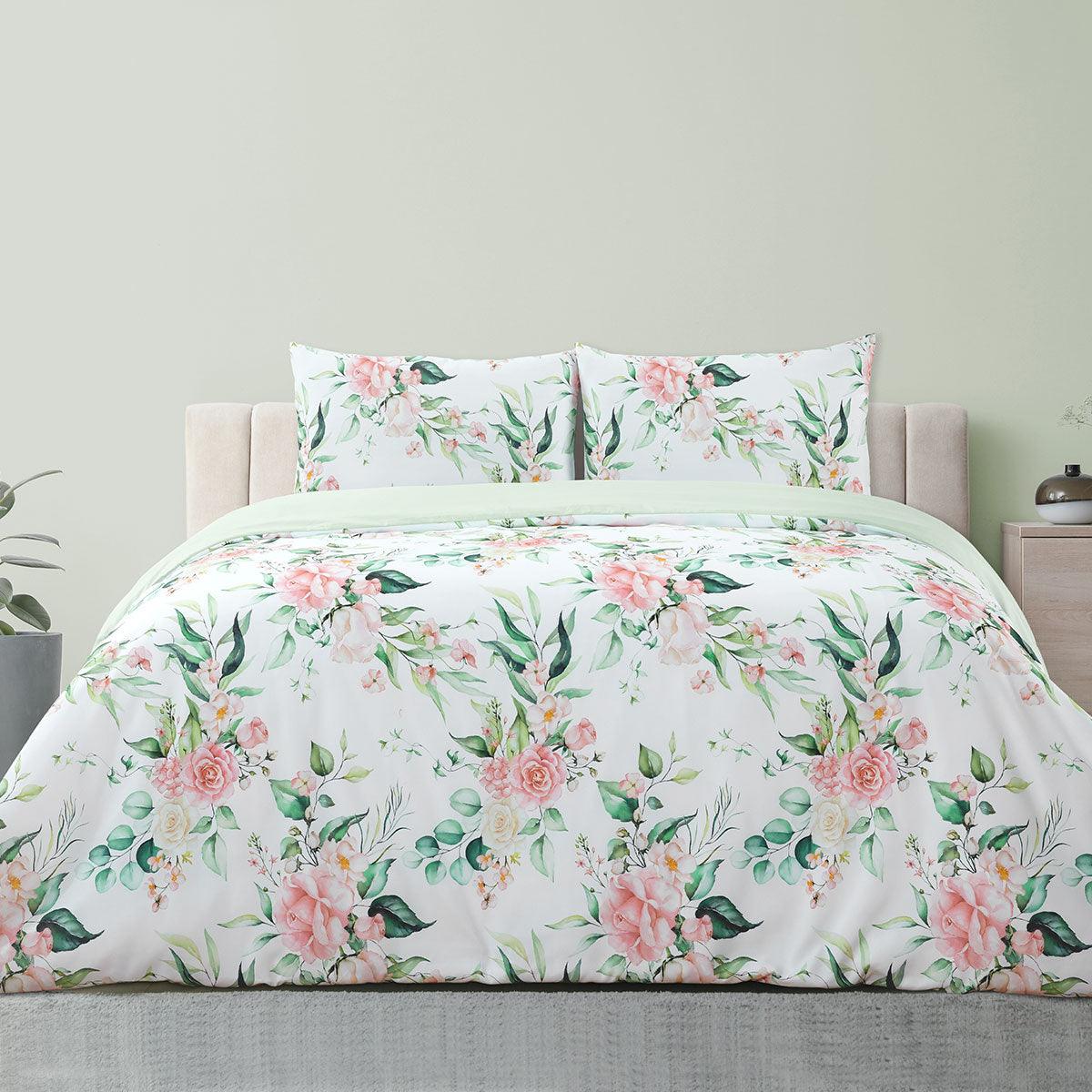 Ardor Rose Whisper Soft Sage Printed Floral Quilt Cover Set King - Harrogates