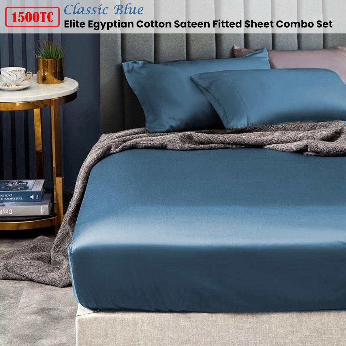 Ramesses 1500TC Elite Egyptian Cotton Sateen Fitted Sheet Combo Set Classic Blue Double - Harrogates