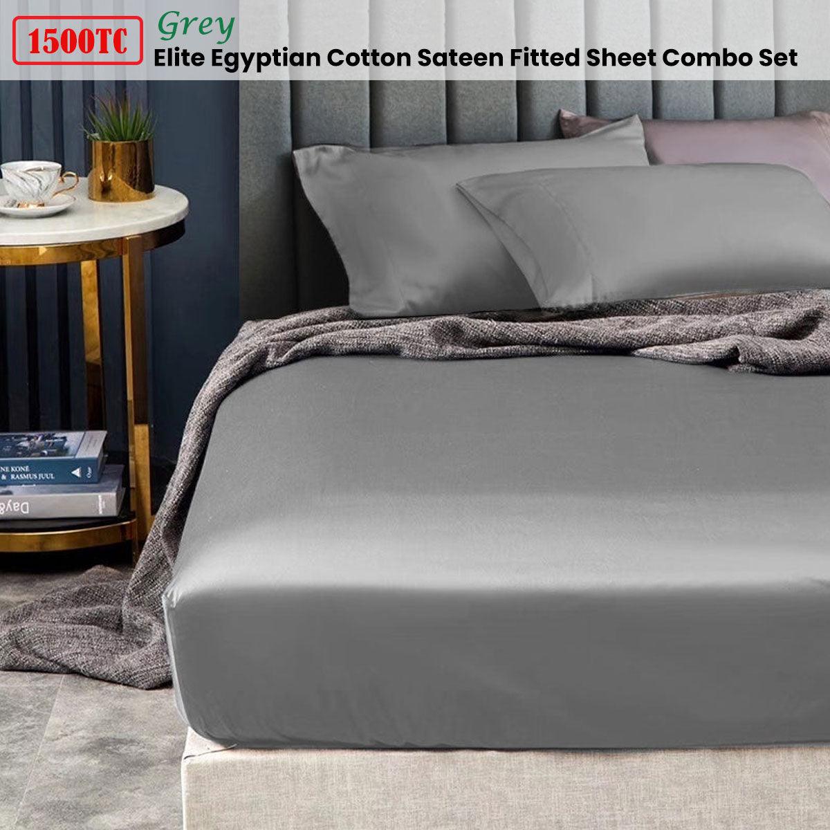 Ramesses 1500TC Elite Egyptian Cotton Sateen Fitted Sheet Combo Set Grey Queen - Harrogates