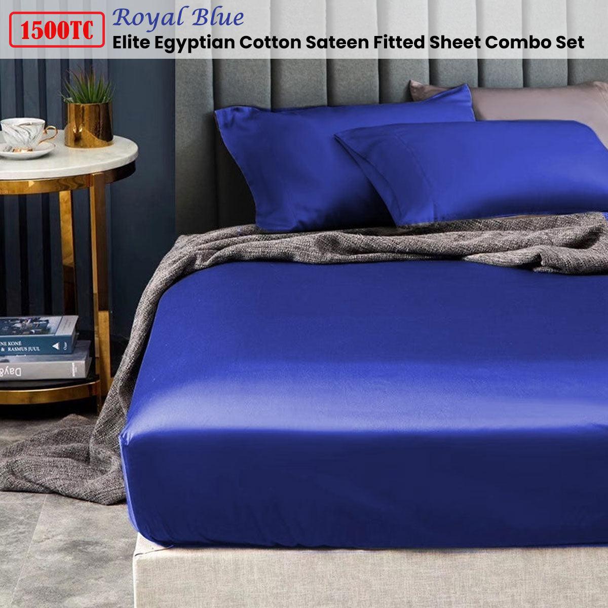 Ramesses 1500TC Elite Egyptian Cotton Sateen Fitted Sheet Combo Set Royal Blue Mega King - Harrogates