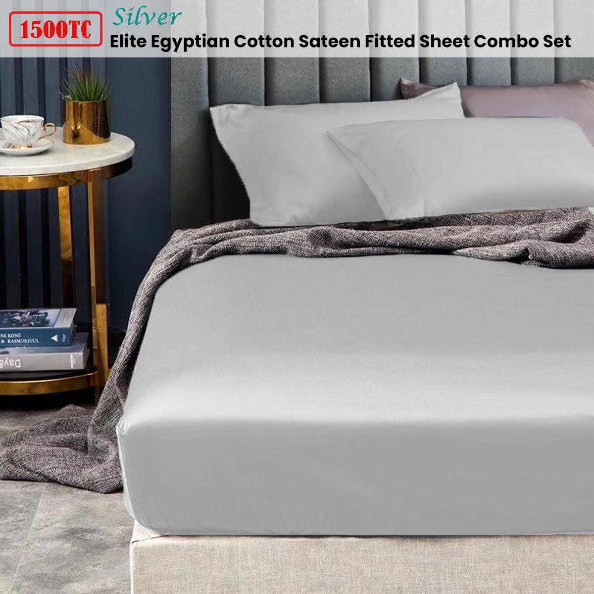 Ramesses 1500TC Elite Egyptian Cotton Sateen Fitted Sheet Combo Set Silver Mega Queen - Harrogates