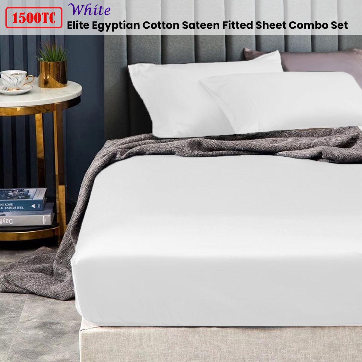 Ramesses 1500TC Elite Egyptian Cotton Sateen Fitted Sheet Combo Set White Queen - Harrogates