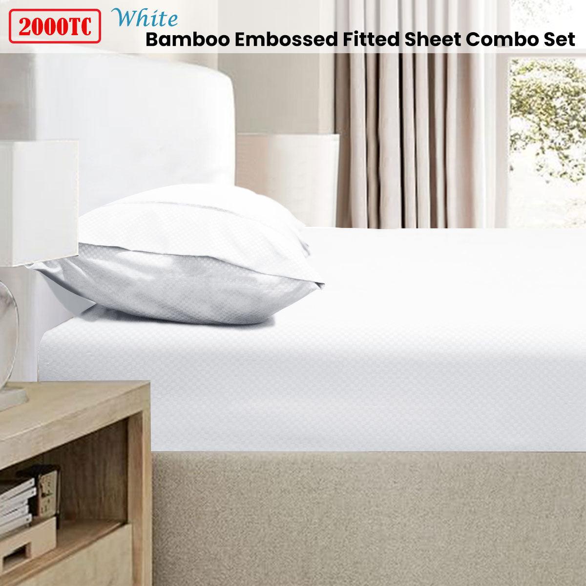 Ramesses 2000TC Bamboo Embossed Fitted Sheet Combo Set White Queen - Harrogates
