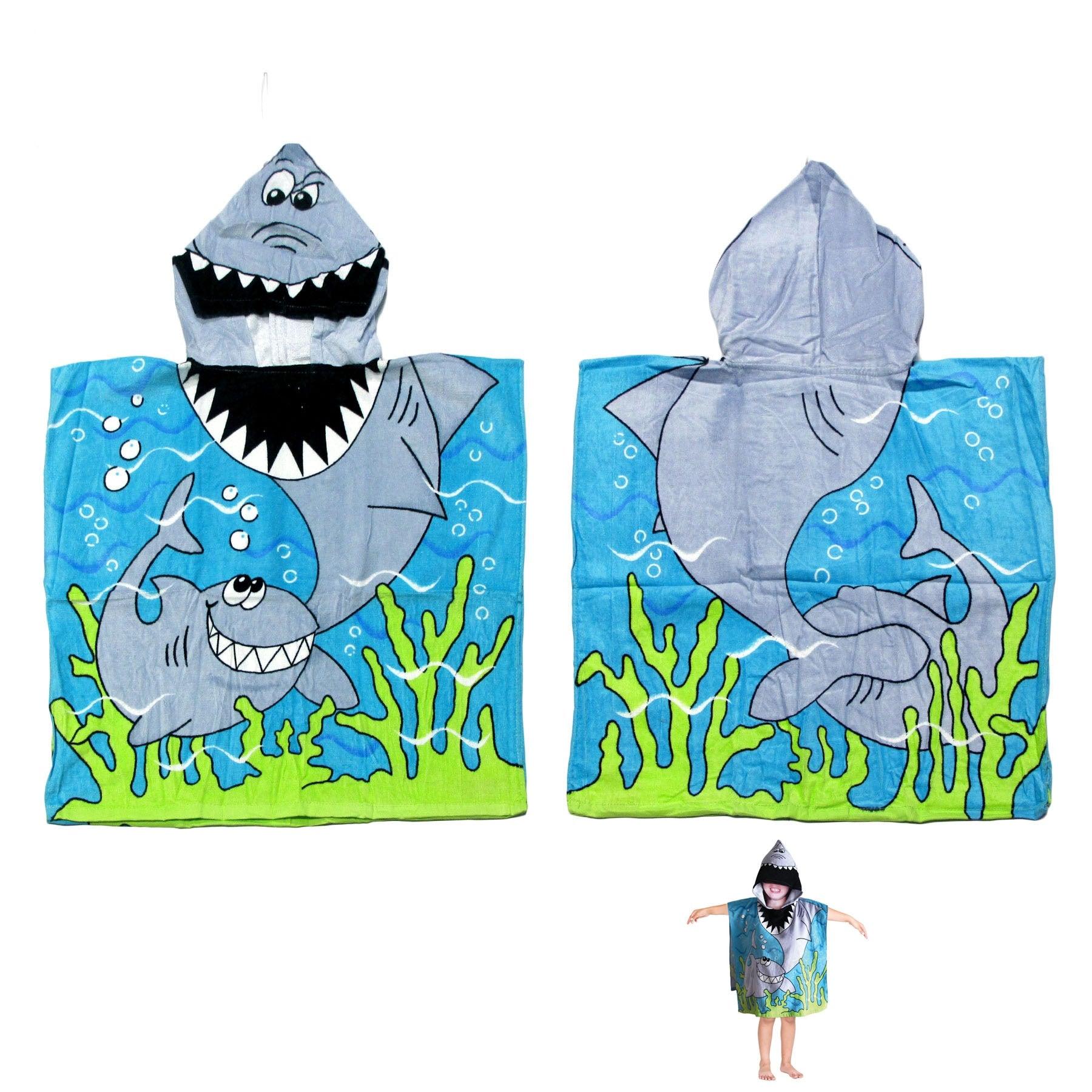 Cute Kids Cotton Hooded Towel Poncho 60 x 120 cm Shark - Harrogates