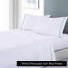 soft microfibre embroidered stripe sheet set double white pillowcase blue stripe - Harrogates