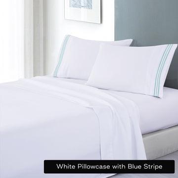 soft microfibre embroidered stripe sheet set double white pillowcase blue stripe - Harrogates
