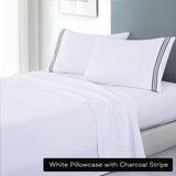 soft microfibre embroidered stripe sheet set double white pillowcase charcoal stripe - Harrogates