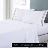 soft microfibre embroidered stripe sheet set king white sheet taupe stripe - Harrogates