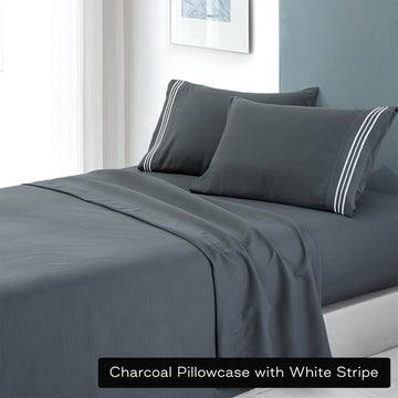 soft microfibre embroidered stripe sheet set queen charcoal pillowcase white stripe - Harrogates