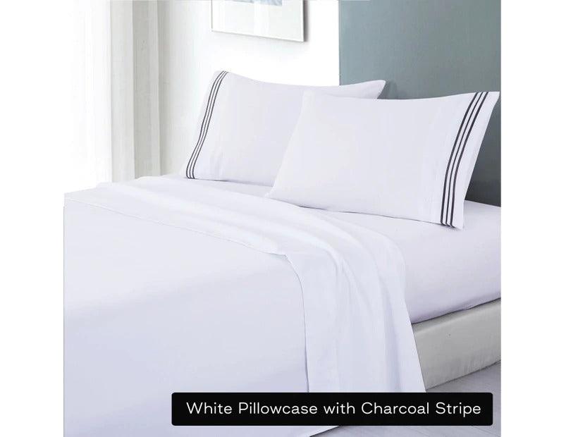 soft microfibre embroidered stripe sheet set queen white pillowcase charcoal stripe - Harrogates