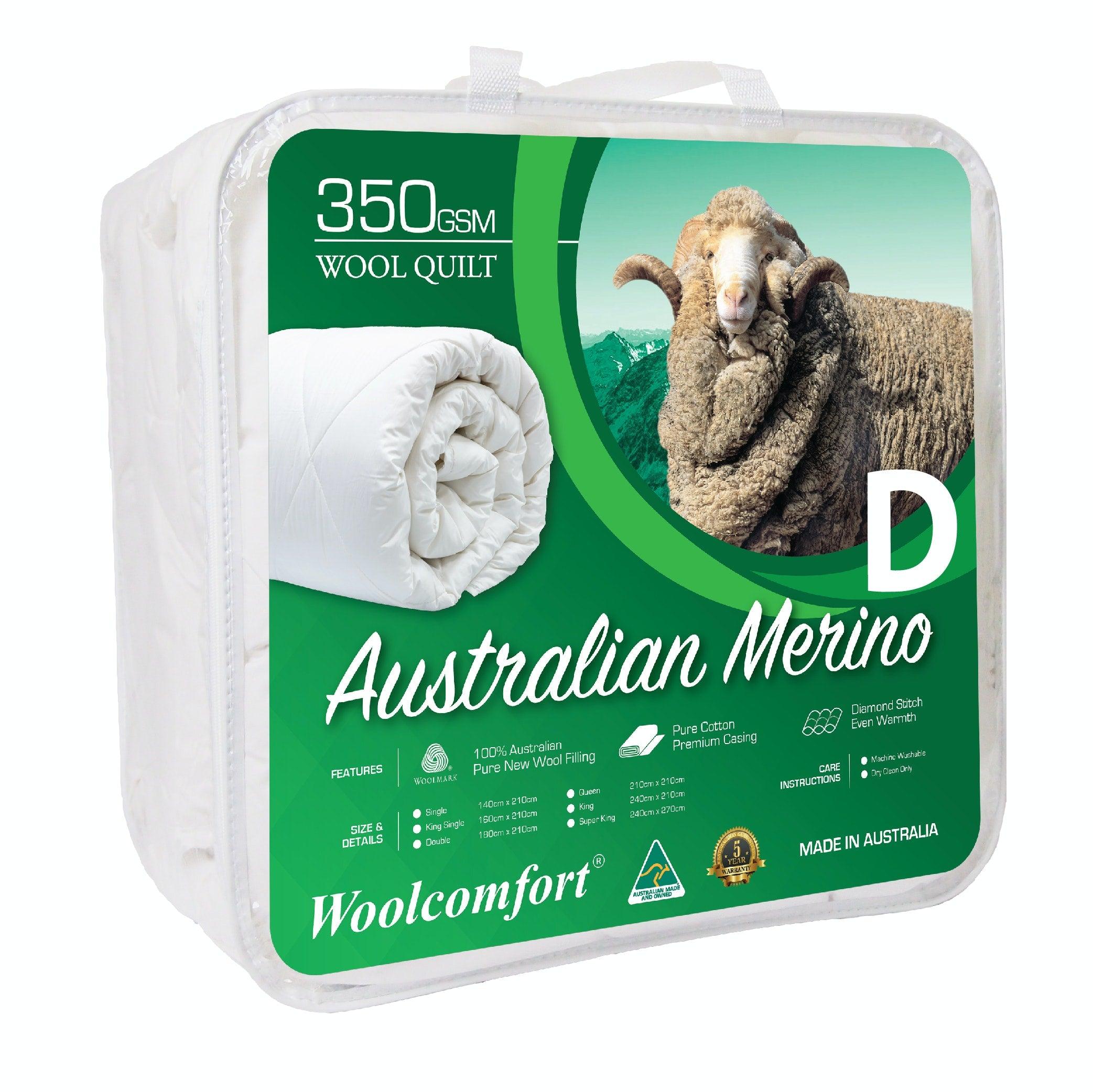 Woolcomfort Aus Made Merino Wool Quilt 350GSM 180x210cm Double Size - Harrogates