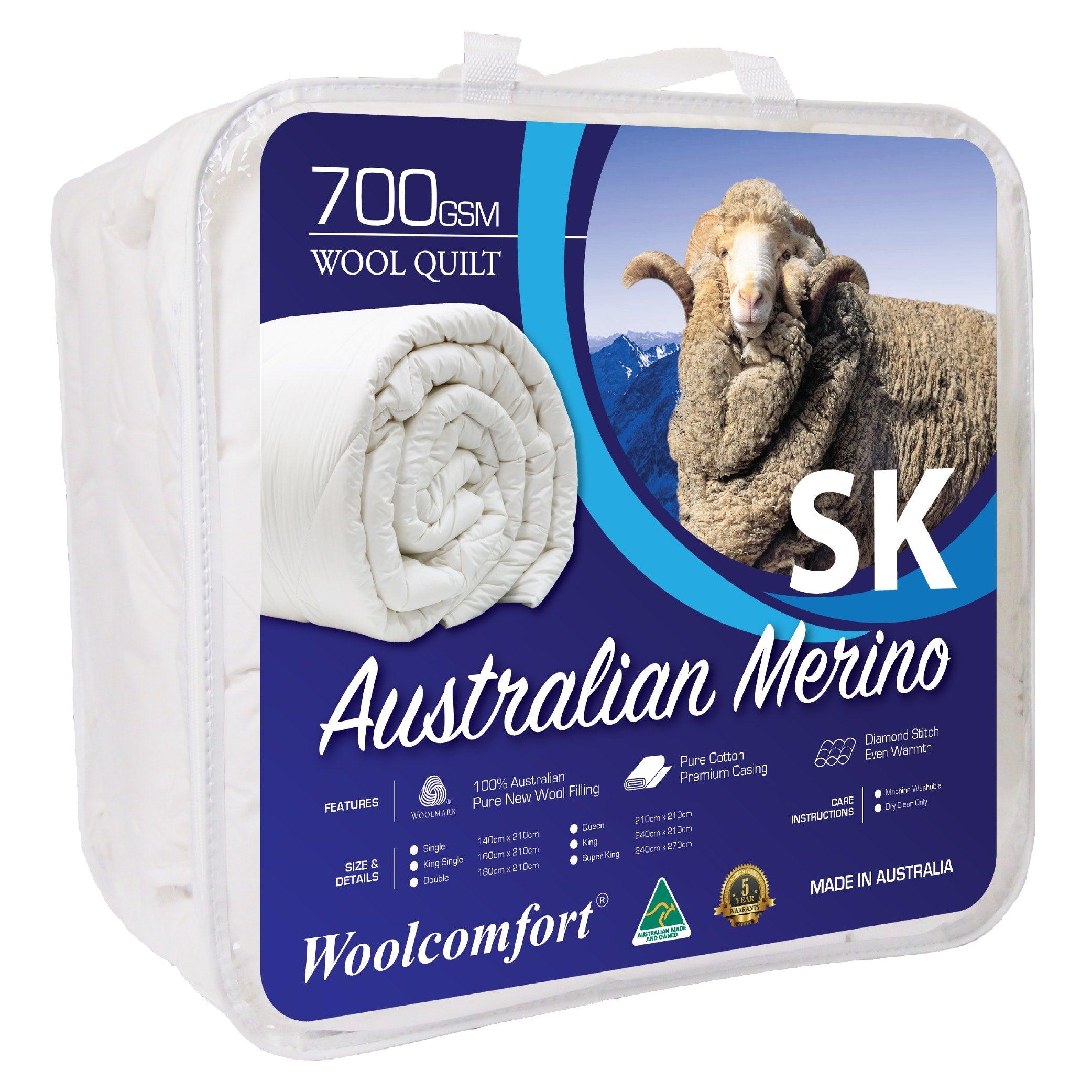 Woolcomfort Aus Made Merino Wool Quilt 700GSM 270x240cm Super King Size - Harrogates
