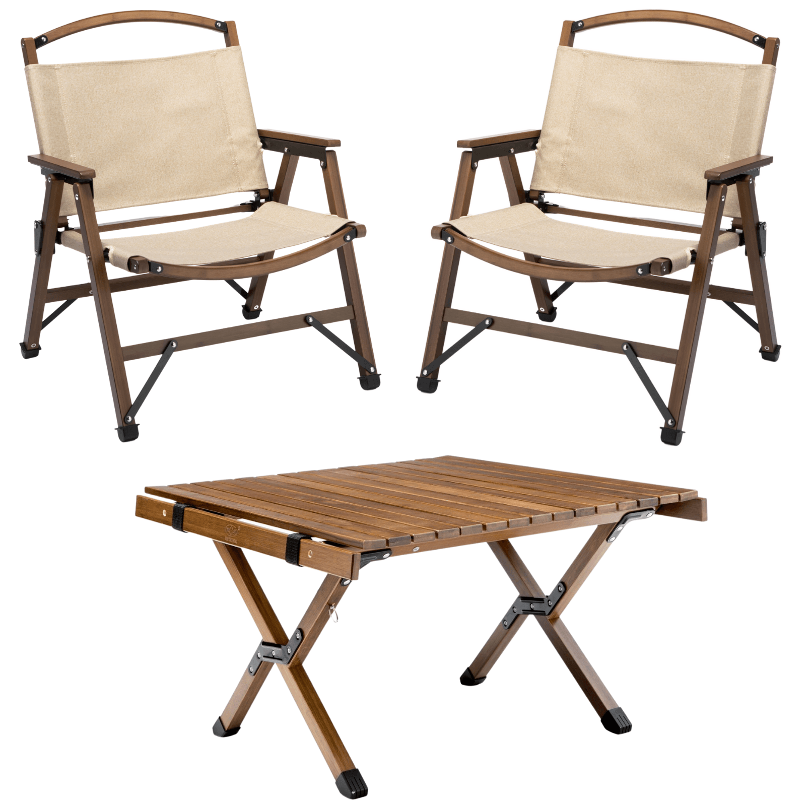 Bamboo Foldable Camping Table + 2 Chairs Waterproof Wood Wooden Travel Set Kit - Harrogates