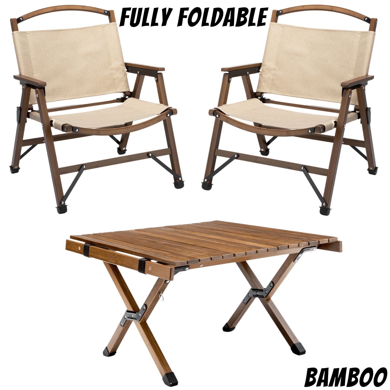 Bamboo Foldable Camping Table + 2 Chairs Waterproof Wood Wooden Travel Set Kit - Harrogates