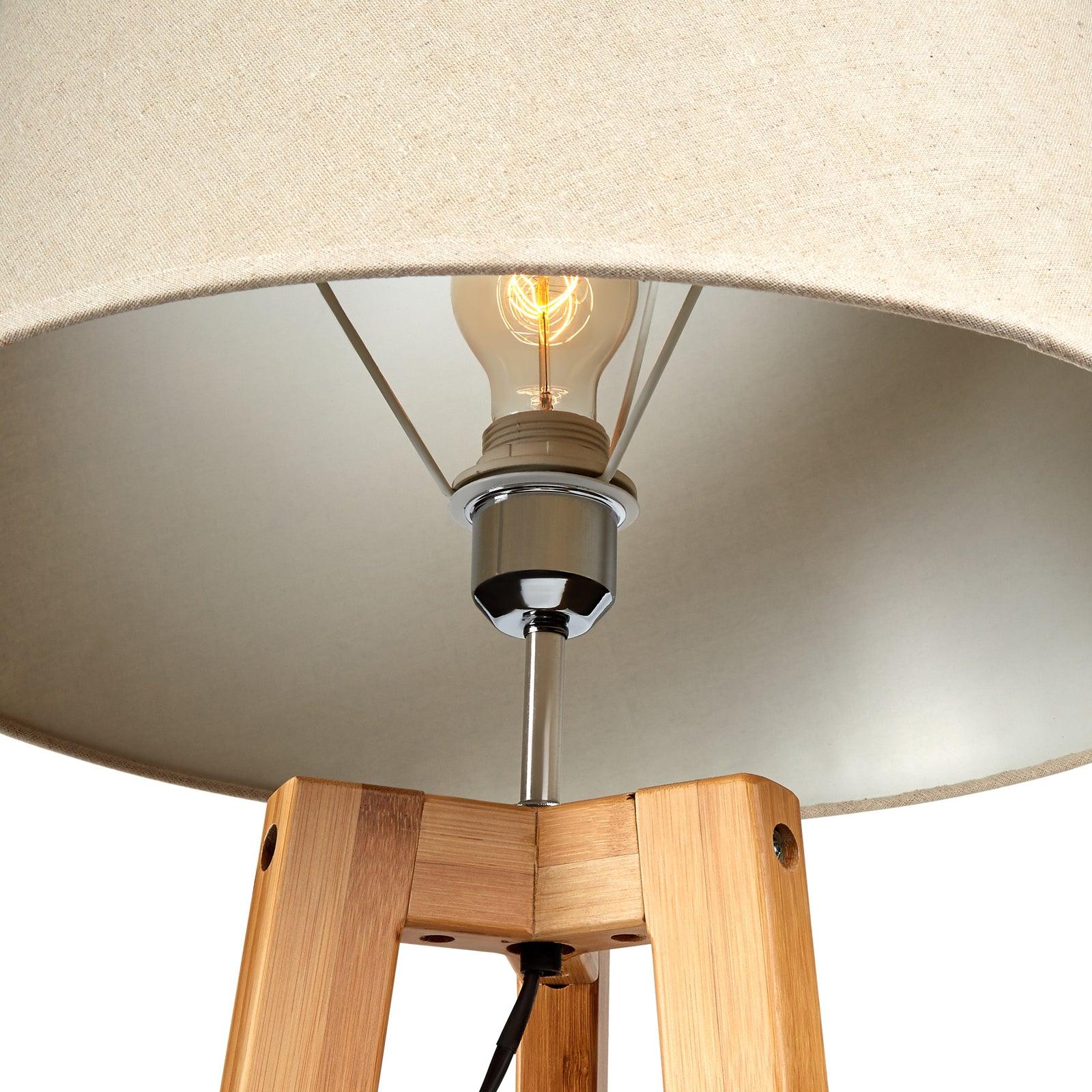155cm Large Bamboo Wooden Tripod Floor Lamp w Beige Linen Light Shade - Harrogates