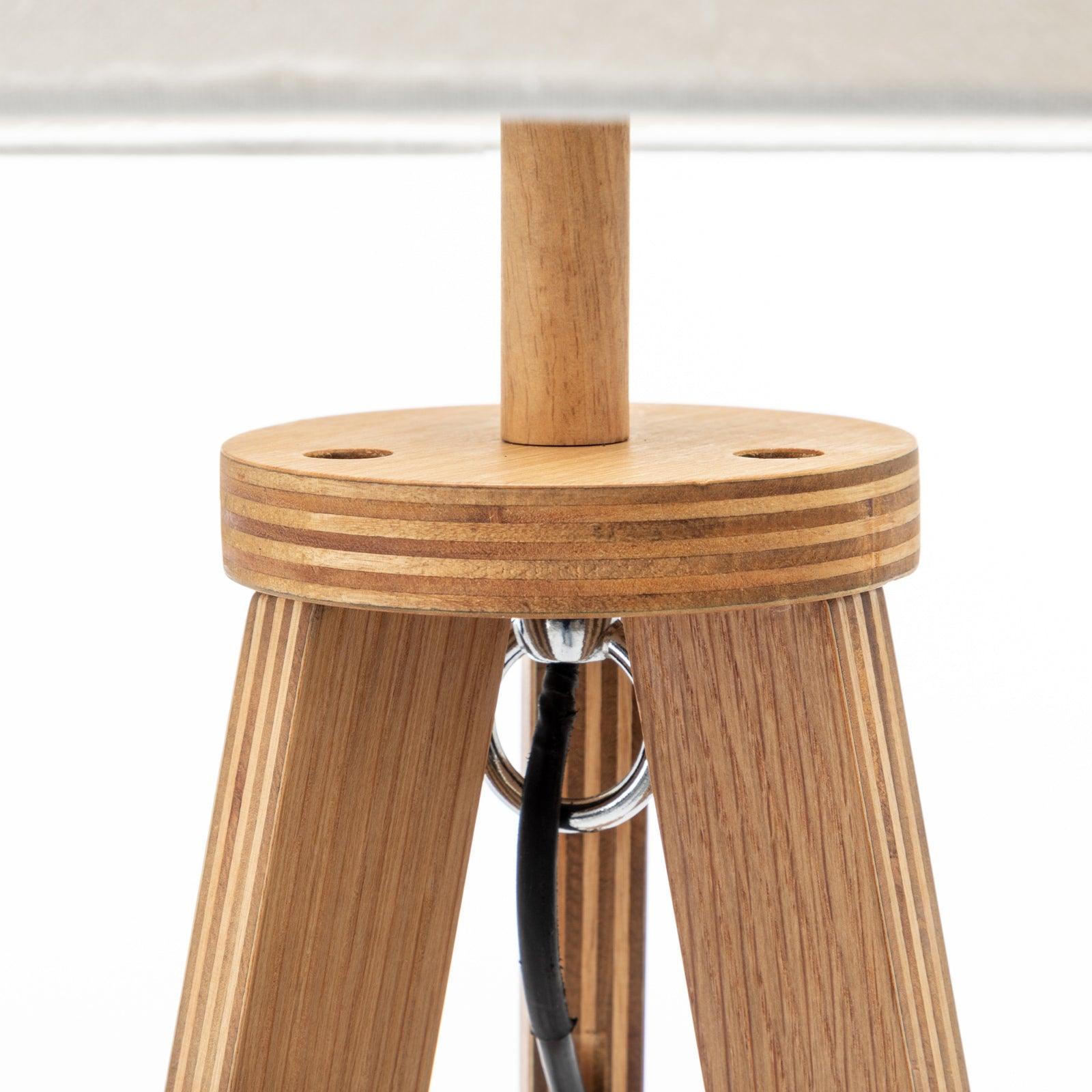 Natural Wooden Tripod Floor Lamp w/ Round Wood Shelf + Off White Linen Shade - Harrogates
