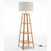 Eiffel 3 Tier Natural Wood Floor Lamp w/ Storage Shelves + Off White Linen Shade - Harrogates