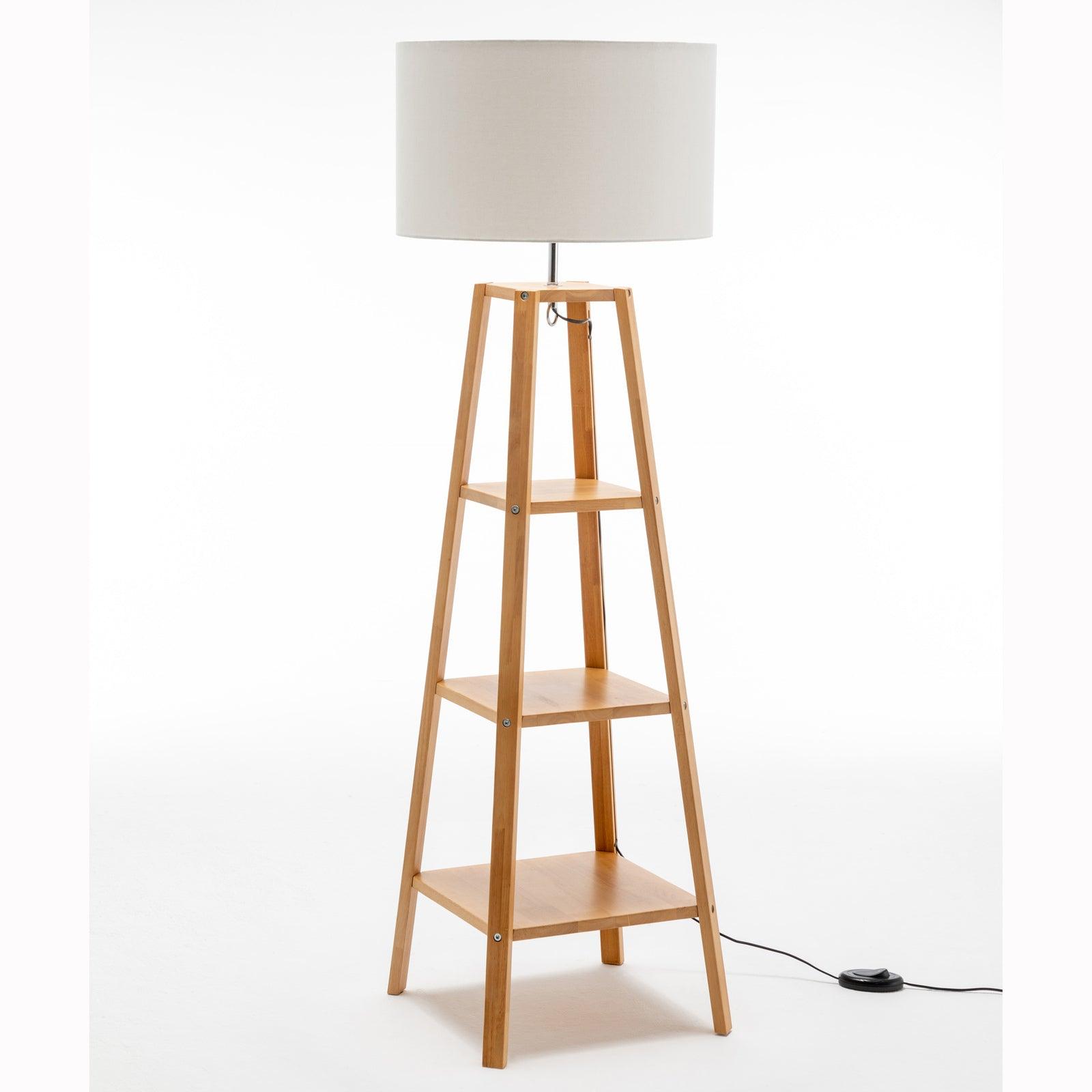 Eiffel 3 Tier Natural Wood Floor Lamp w/ Storage Shelves + Off White Linen Shade - Harrogates