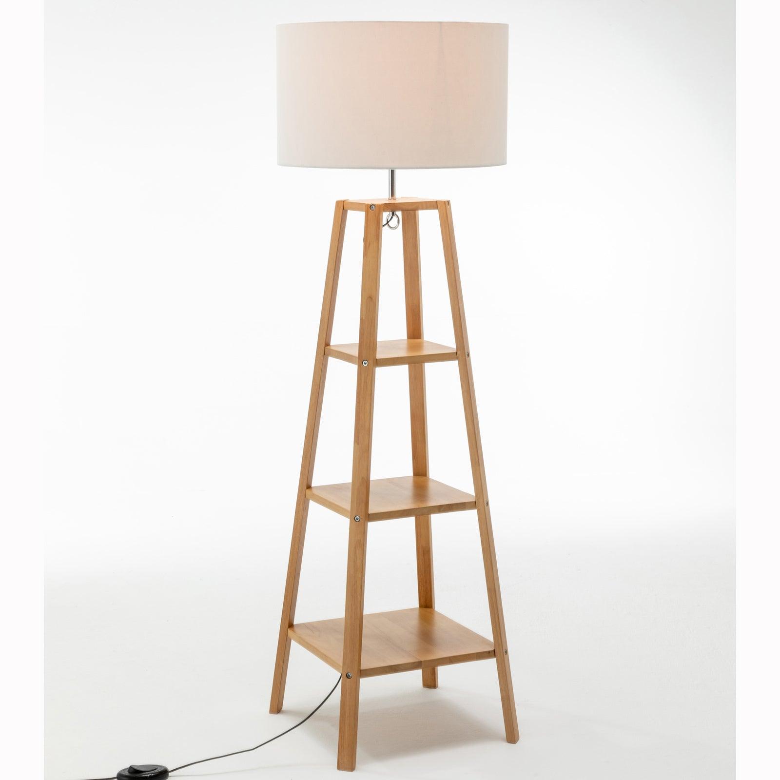 Eiffel 3 Tier Natural Wood Floor Lamp w/ Storage Shelves + Off White Linen Shade - Harrogates