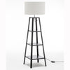 Eiffel 3 Tier Natural Wood Floor Lamp w/ Storage Shelves + Off White Linen Shade - Harrogates