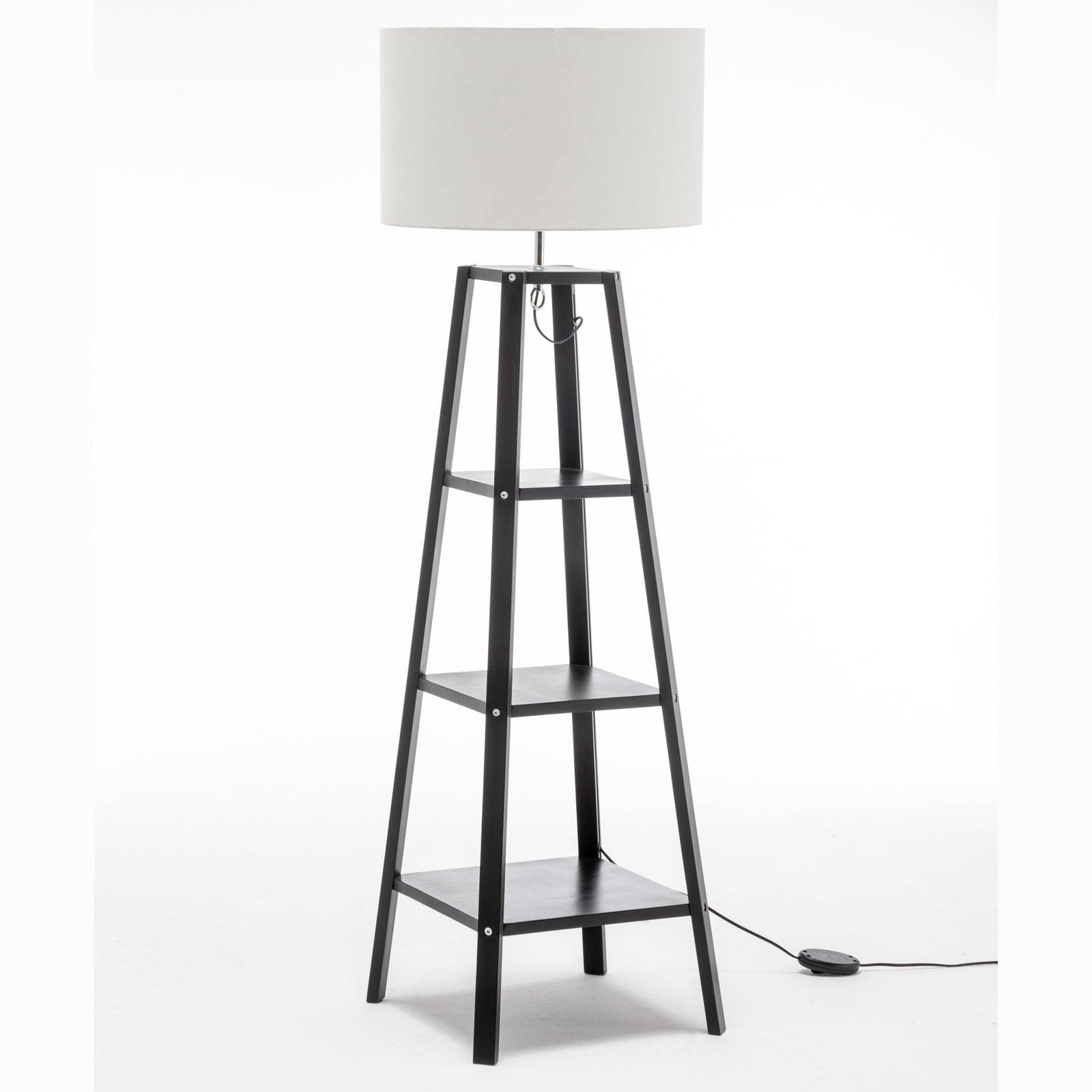 Eiffel 3 Tier Natural Wood Floor Lamp w/ Storage Shelves + Off White Linen Shade - Harrogates