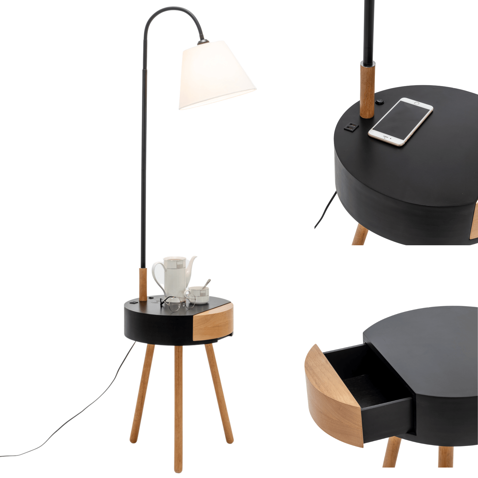 Florence Tripod Lamp Shelf Storage Drawer Bed Side Table Light w/ USB Charger - Harrogates