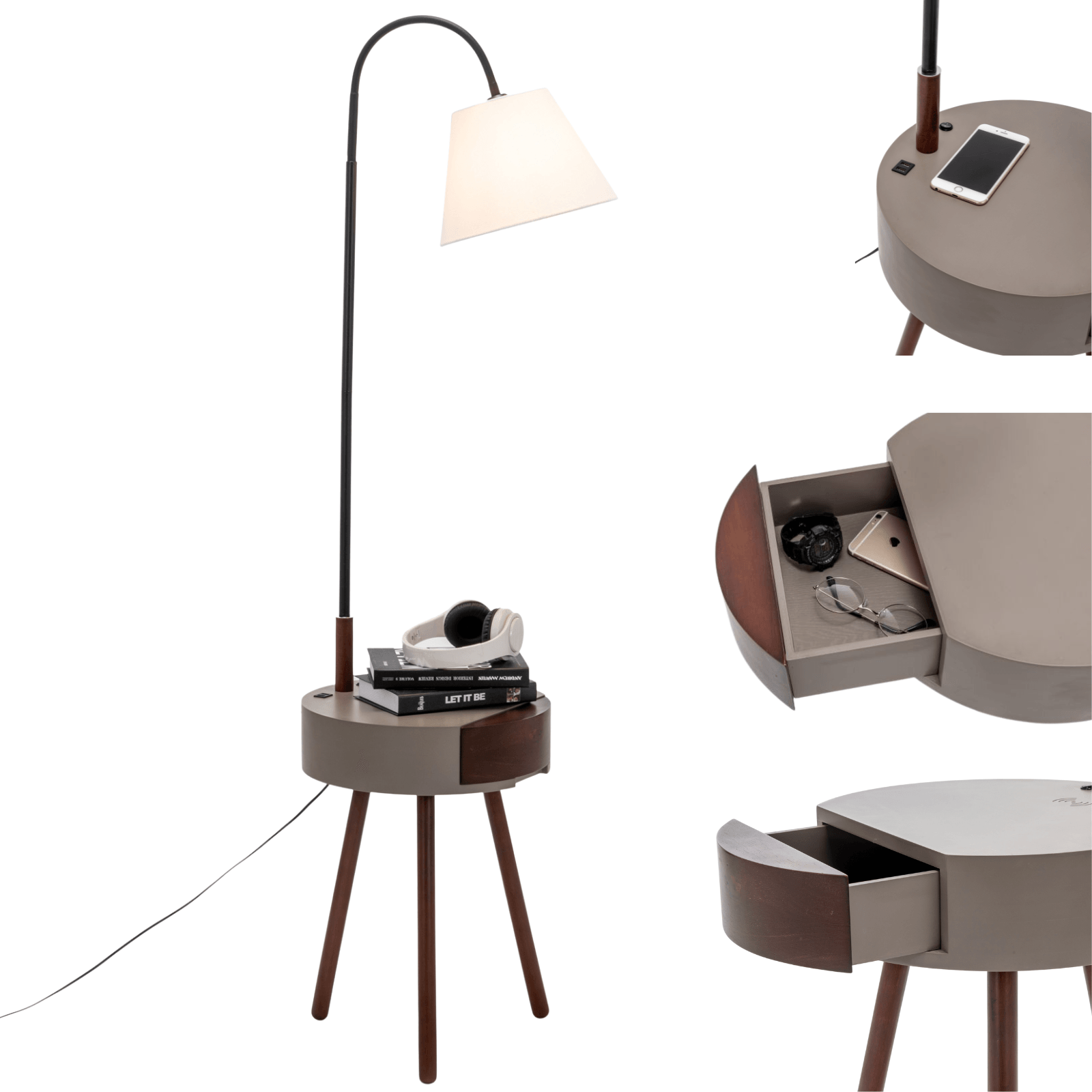 Florence Tripod Lamp Shelf Storage Drawer Bed Side Table Light w/ USB Charger - Harrogates