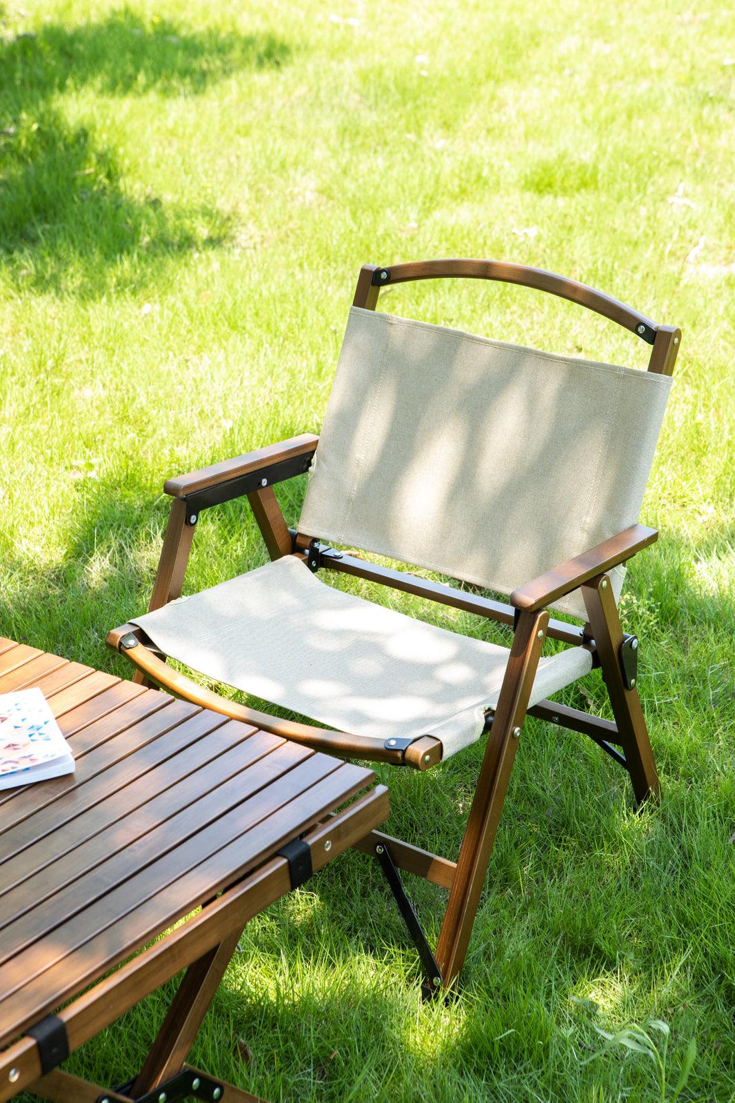 2x Bamboo Foldable Outdoor Camping Chair Wooden Travel Picnic Park Folding - Khaki/Beige - Harrogates