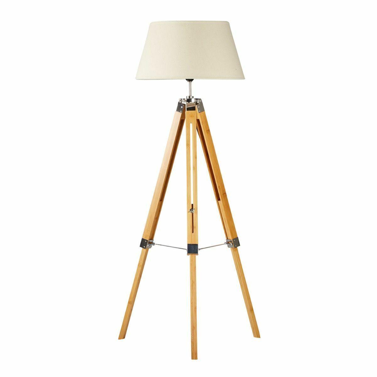 LARGE TRIPOD FLOOR LAMP Linen Shade Modern Light Bamboo Vintage Wooden Retro - Harrogates