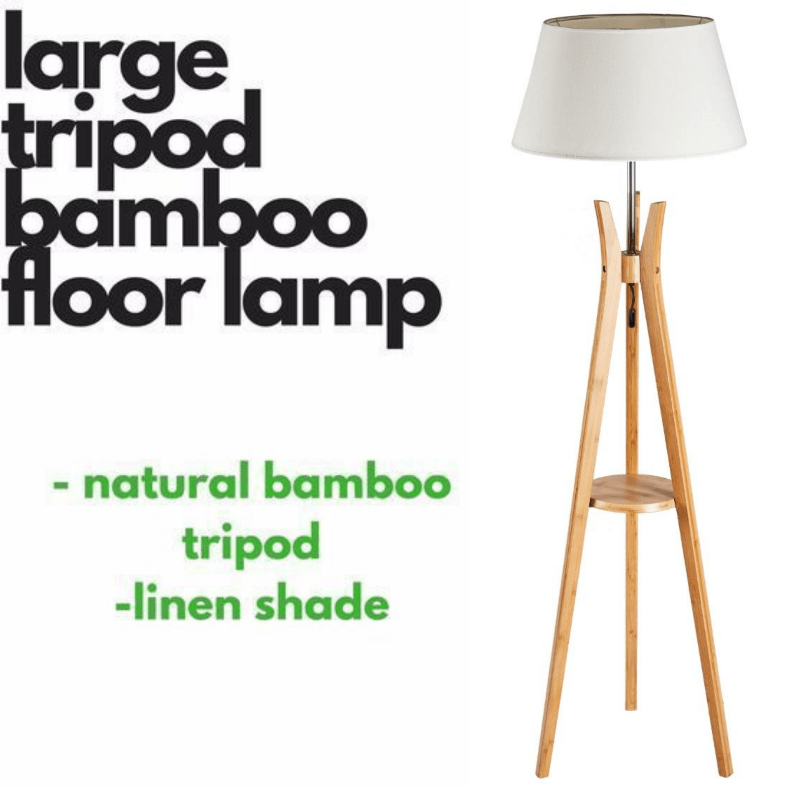 LARGE BAMBOO TRIPOD FLOOR LAMP Linen Shade Modern Light Vintage Wooden Scandi - Harrogates