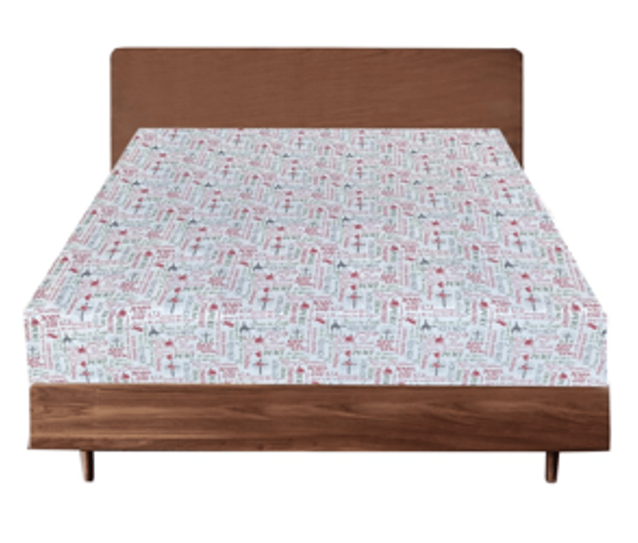 Wooden bed with printed queen size fitted sheet in red, green, and black pattern