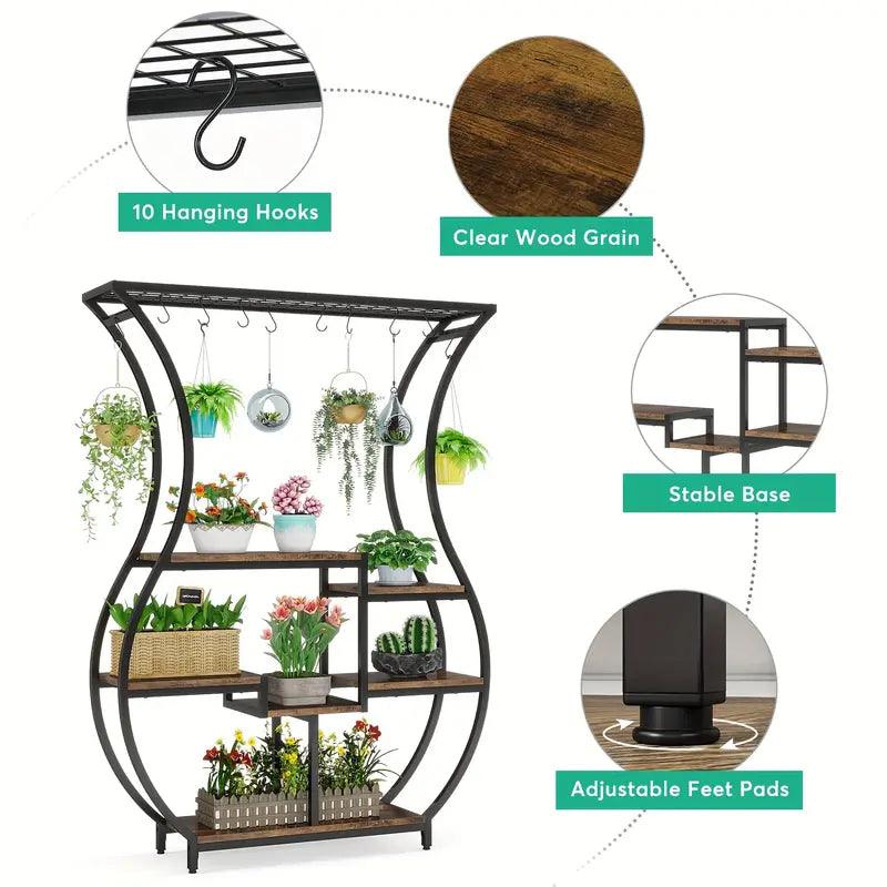 6-Tier Plant Stand with Vase Shape Ladder Design, Rustic Brown - Harrogates