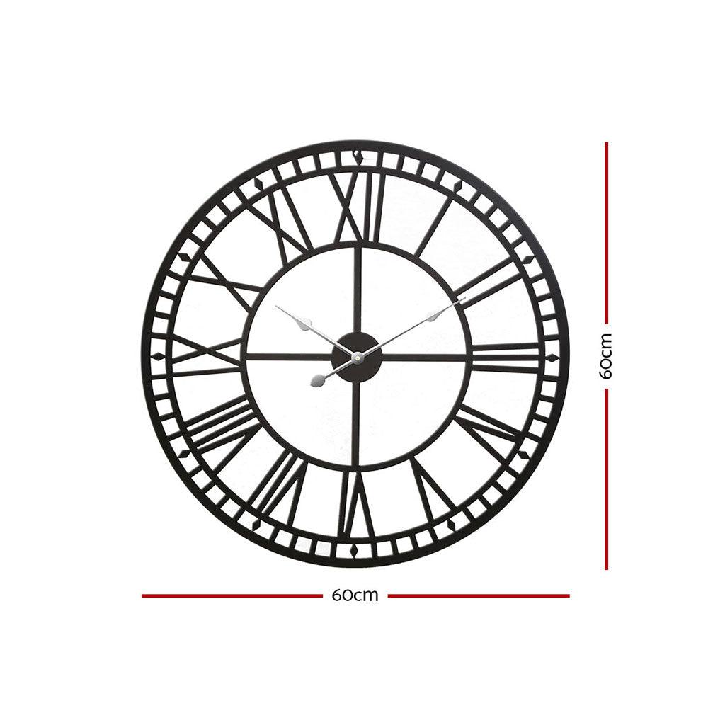 Artiss 60cm Wall Clock Large Roman Numerals Metal Black - Harrogates