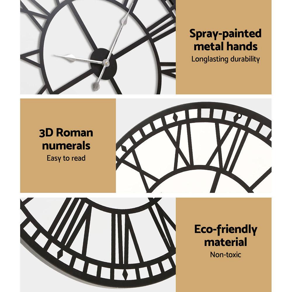 Artiss 60cm Wall Clock Large Roman Numerals Metal Black - Harrogates